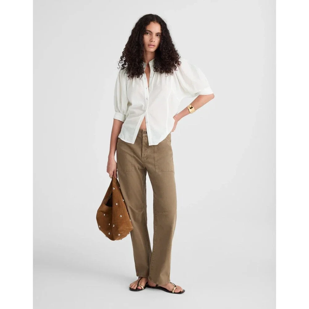 Madewell Sz 0 Puff Sleeve Band Collar Shirt White Button Front Embroidered NWT